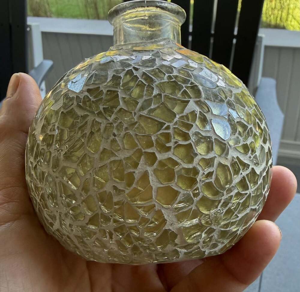 Gold and White Glass Mosaic Crackle Sphere Bud Vase